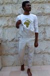 vegan white long-sleeve t-shirt for men with golden print